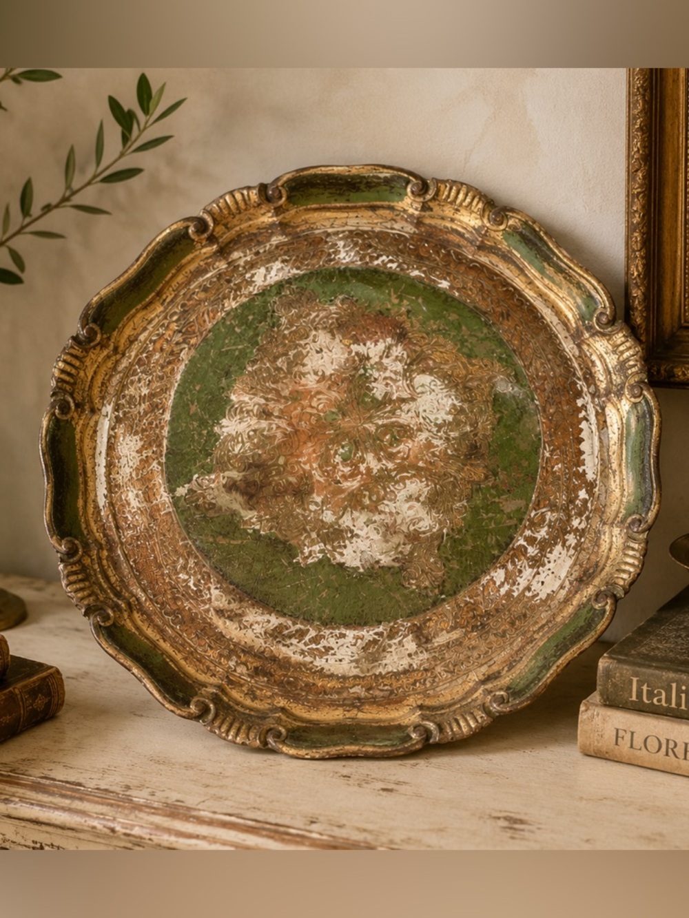 Vintage Italian Florentine Gilt Tray Green Gold Ornate Rococo Tole Style 13”